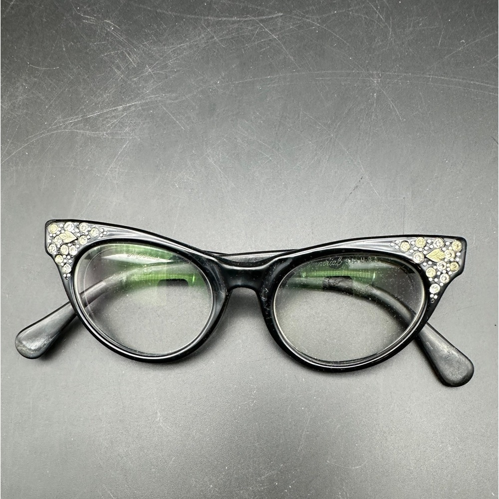 Vintage Imperial Black Cat Eye Glasses Rhinestone MCM 50s Frames Rockabilly KC